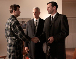 Pete Campbell (Vincent Kartheiser), Roger Sterling (John Slattery), and Don Draper (Jon Hamm) in the Season 3 finale. Click image to expand.