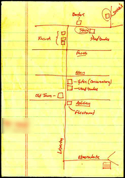 A map of a Midwestern town, drawn for Paul Stiff by a friend. Click image to expand.