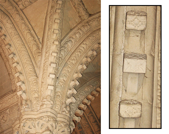 Left: Arches with protruding stone cubes. Right: A close-up of three cubes.