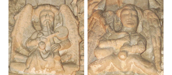Stone angels playing the drumlike tabor (left) and bagpipes (right).