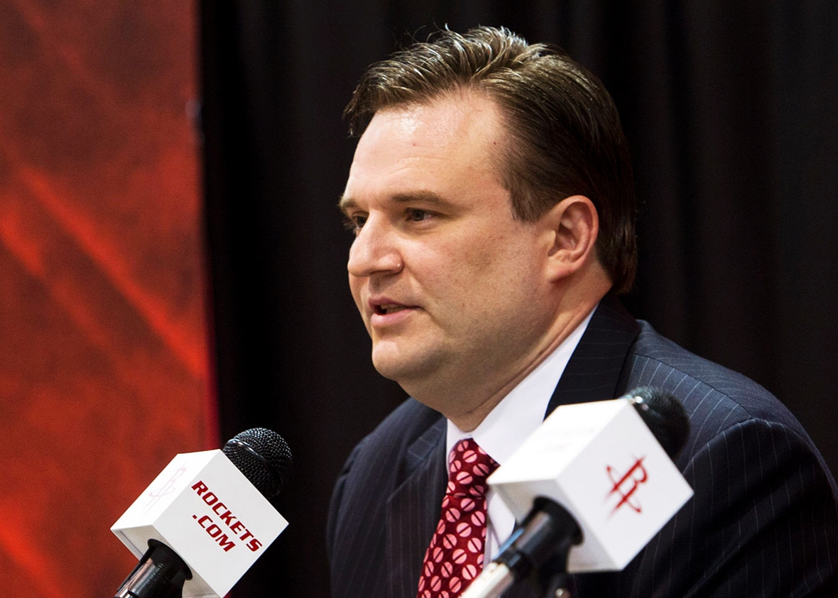 Daryl Morey, general manager of the Houston Rockets speaks during a press conference announcing the signing of Jeremy Lin at Toyota Center on July 19, 2012 in Houston, Texas.  