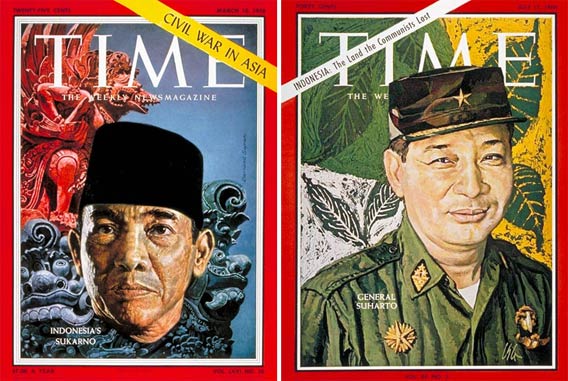 Cover of the March 10, 1958 issue of Time, featuring Sukarno, left; Cover of the July 15, 1966 issue of Time featuring General Suharto.