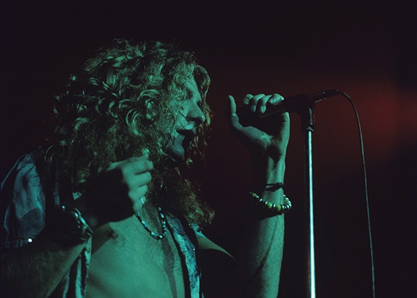 Robert Plant of Led Zeppelin performs on stage during the filming of The Song Remains the Same at Madison Square Garden on July 29, 1973.
