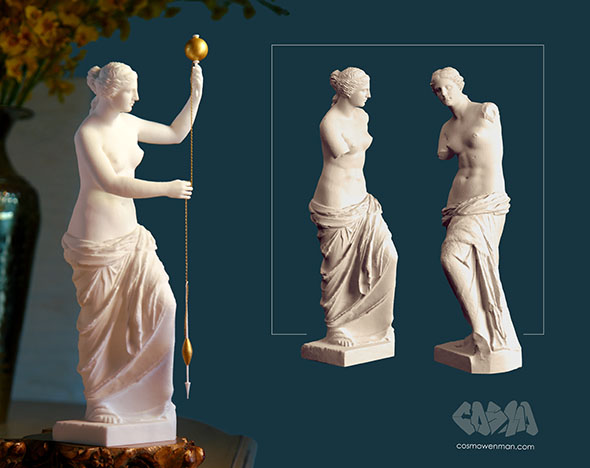 3D print of Venus de Milo Spinning Thread, left, and computer re