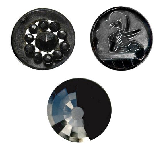 Black glass buttons.