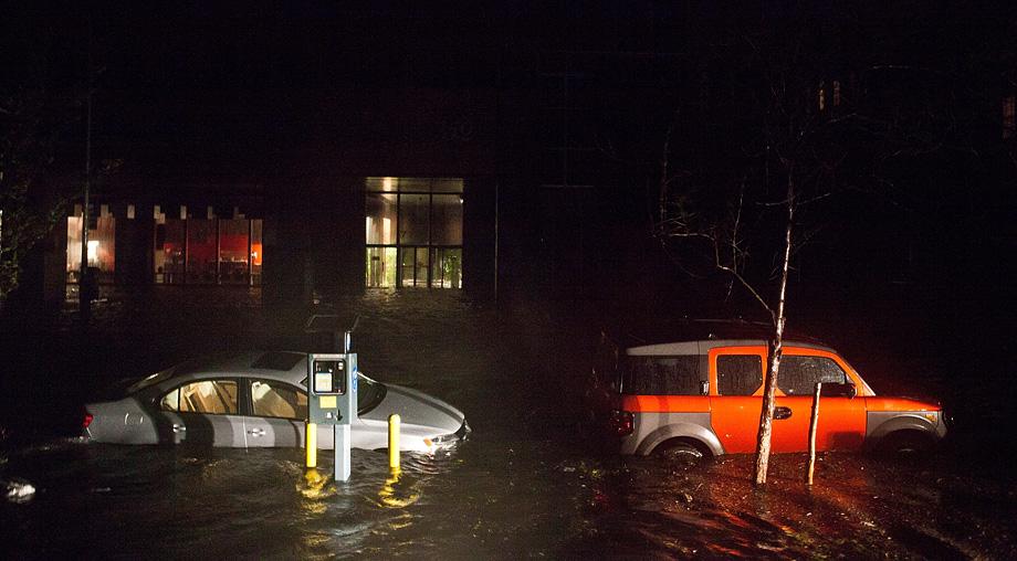 Flooded cars, caused by Hurricane Sandy, are seen on October 29, 2012.