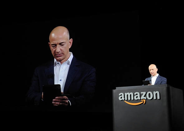 Jeff Bezos, CEO of AMAZON, introduces new Kindle Fire HD Family during the AMAZON press conference on September 06, 2012 in Santa Monica, California.
