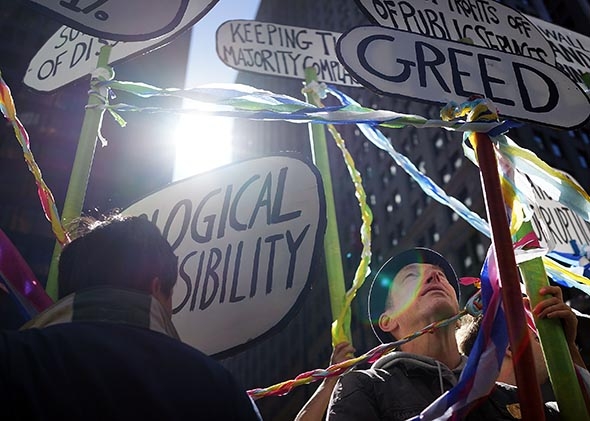 Protesters affiliated with Occupy Wall Street demonstrate for a variety of causes at Zuccotti Park.