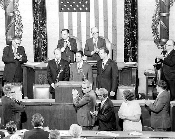 The Apollo 15 crew in front of Congress upon their return from the moon. 