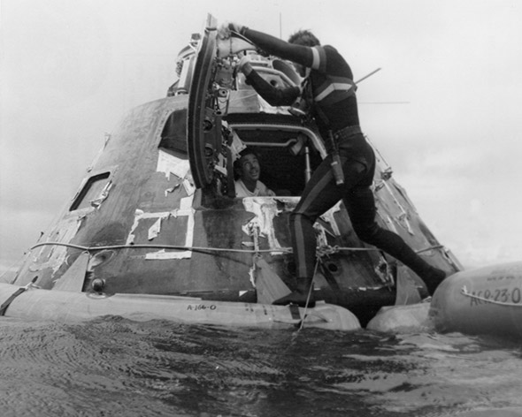 Apollo 15 astronaut James Irwin after splashdown in the North Pacific Ocean, Aug. 7, 1971.