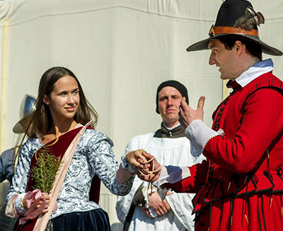 Actors playing Pocahontas and John Rolfe at the wedding reenactment in Jamestown, Mass.