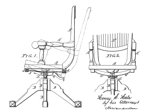 Patent diagram of a &ldquo;tilting chair.&rdquo; Henry S. Hale, United States, 1875.