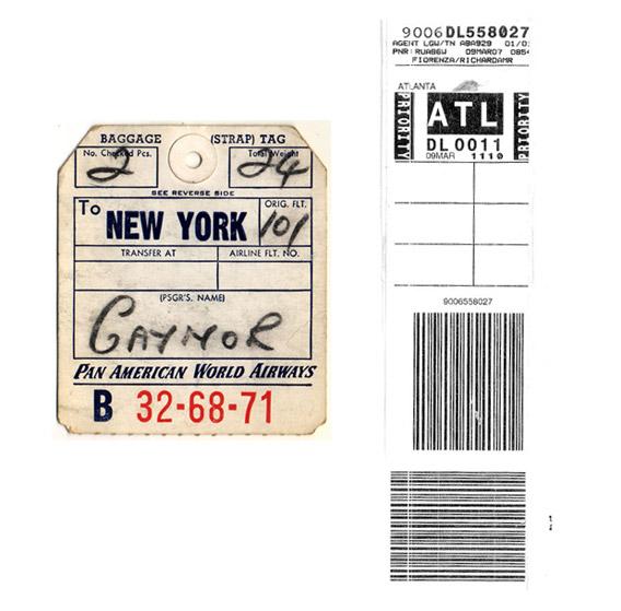At left, a Pan American World Airways baggage tag, and a modern baggage tag at right.