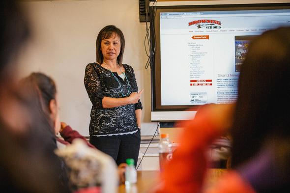 Angela Murray-Heavy-Runner, third generation Blackfeet teacher, running class at Napi Elementary.