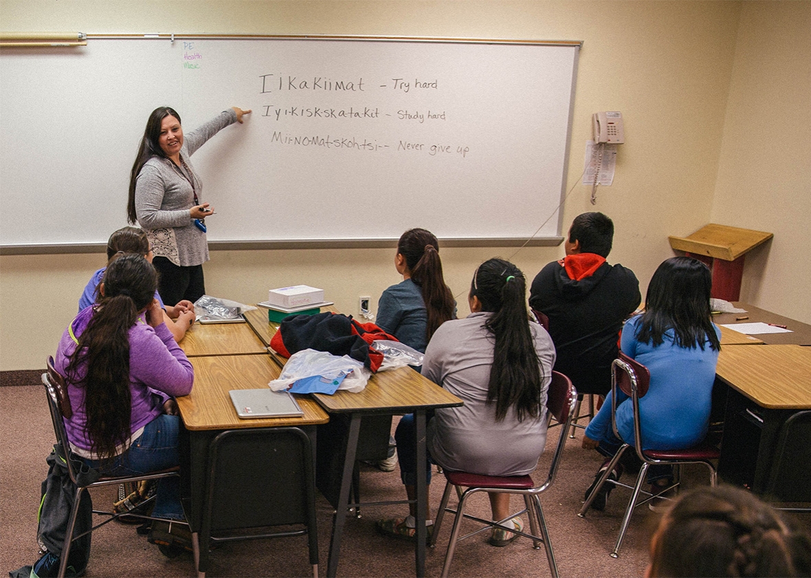 Lona Running Wolf, 6th grade teacher at Napi Elementary, teaching a Blackfeet language class.
