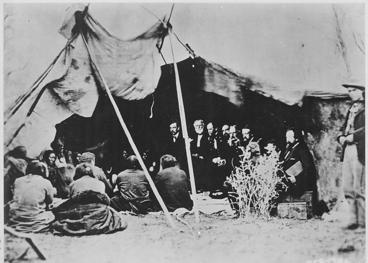 Gen. William T. Sherman negotiating with Sioux leadership in 1868.