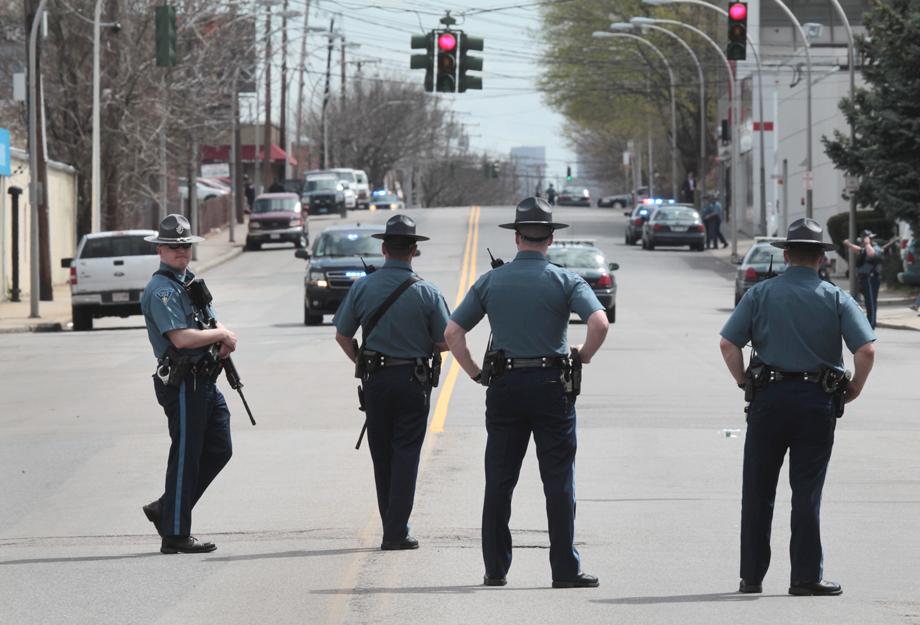 State Police on a closed off Arsenal Street during the ongoing manhunt for a suspect in the terrorist bombing of the 117th Boston Marathon earlier this week.