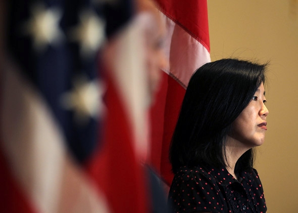 Michelle Rhee listens during a news conference in October 2010 in Washington, DC. 