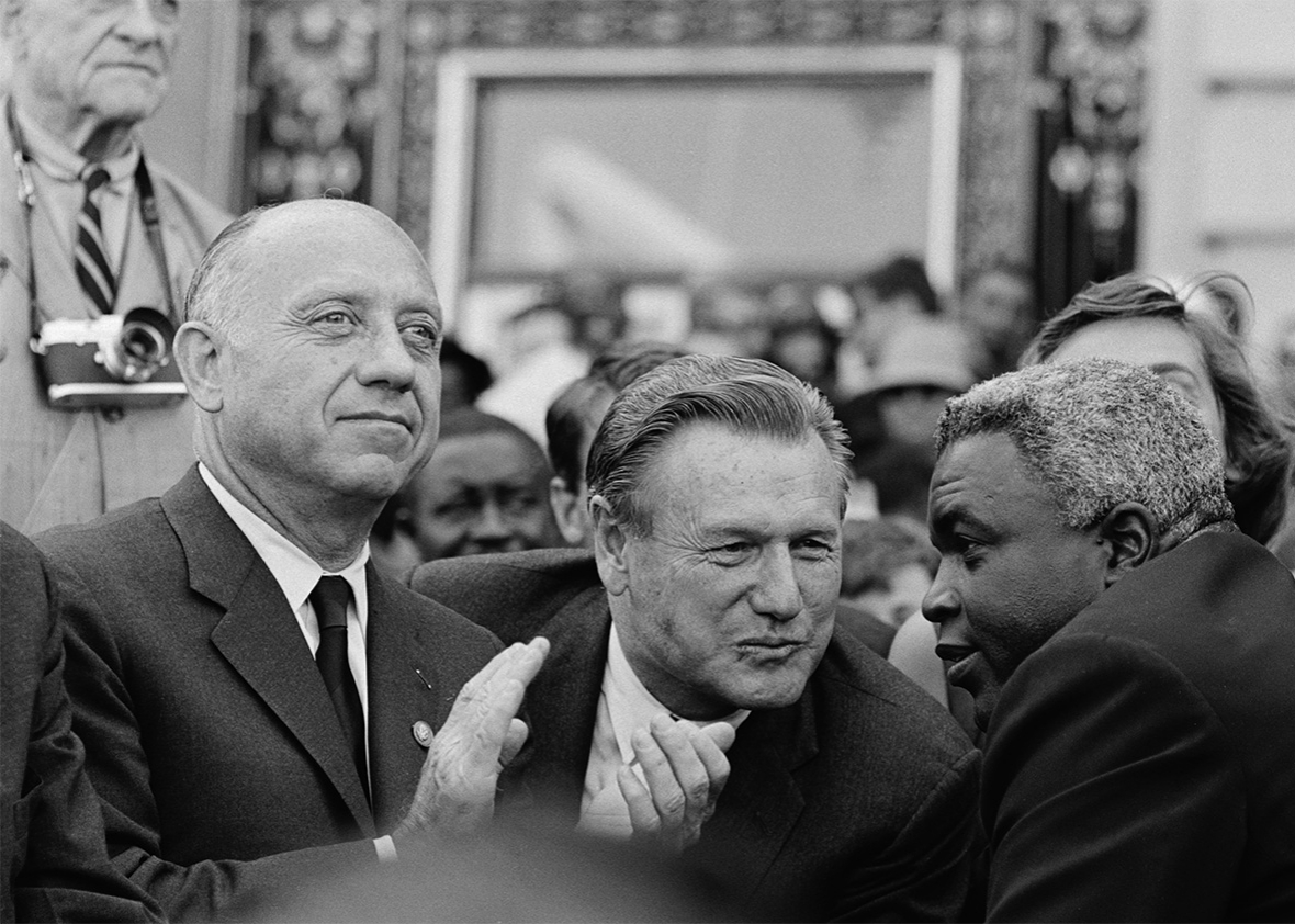 New York Sen. Jacob Javits, New York Gov. Nelson Rockefeller, and baseball great Jackie Robinson at a giant anti-Goldwater parade in 1964.