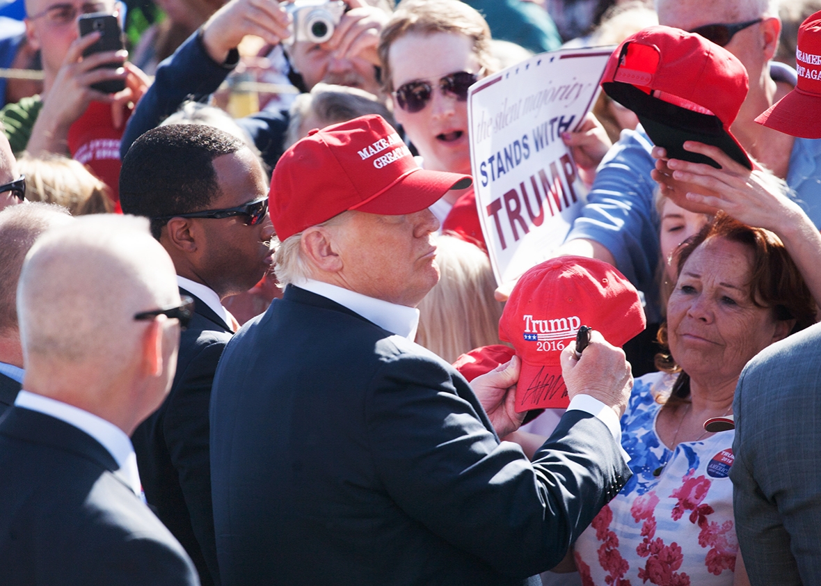 Supporters are greeted by Republican presidential candidate Donald Trump at the conclusion of a rally at the The Northwest Washington Fair and Event Center on May 7, 2016 in Lynden, Washington. 