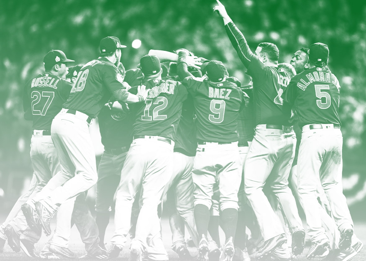 The Chicago Cubs celebrate following 2016 World Series Game 7 between the Chicago Cubs and Cleveland Indians on November 02, 2016, at Progressive Field in Cleveland, OH. 