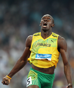 Jamaica's Usain Bolt celebrates winning the men's 200m final during the 2008 Beijing Olympic Games on August 20, 2008.