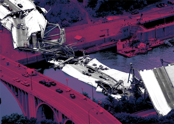 An aerial view shows the collapsed I-35W bridge 04 August 2007 in Minneapolis, Minnesota.