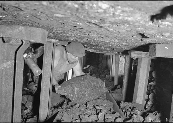 Miner George Ward (known as 'Nap') lifts a large lump of coal onto the conveyor belt which carries the coal away at a Colliery somewhere in Midlands Colliery, England, UK, 1944. 