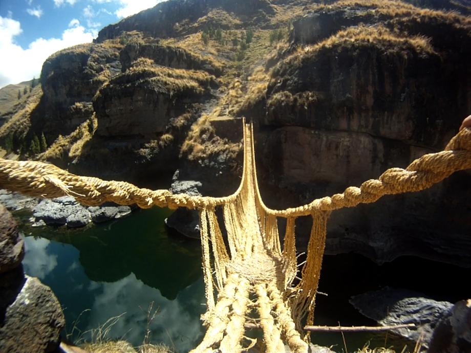 The last Incan suspension bridge is made entirely of grass and woven by  hand.