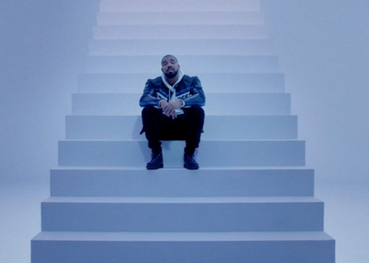 Drake, glumly singing from some stairs in &ldquo;Hotline Bling.&rdquo;