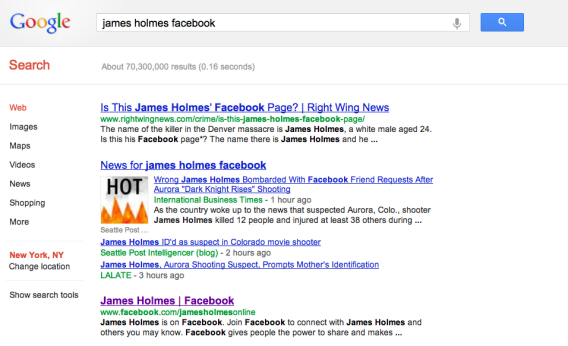Google search for James Holmes Facebook profile