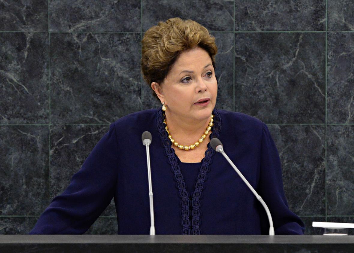 76530141 Brazilian President Dilma Roussef speaks at the United Nations General Assembly on Sept. 24, 2013.