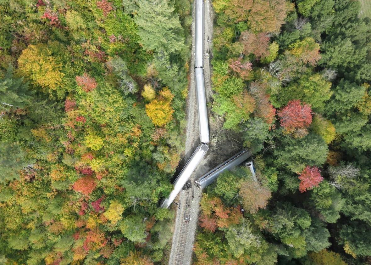 A photo from a drone operated by the Spatial Analysis Lab at the University of Vermont shows a derailed Amtrak train.