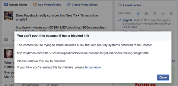 Do You Know Facebook Blocked Sharing Of The New York Times Article About America's Nuclear Targets?