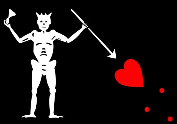 An illustration of Blackbeard's Jolly Roger flag. It depicted a skeleton piercing a heart while toasting the devil.