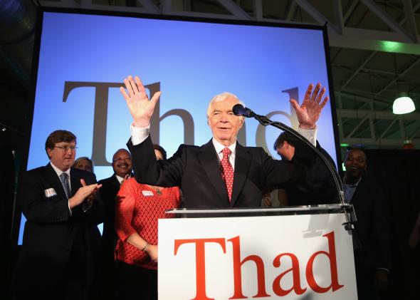 Sen. Thad Cochran celebrates his narrow victory over Chris McDaniels with supporters at the Mississippi Children's Museum on June 24, 2014. in Jackson. 